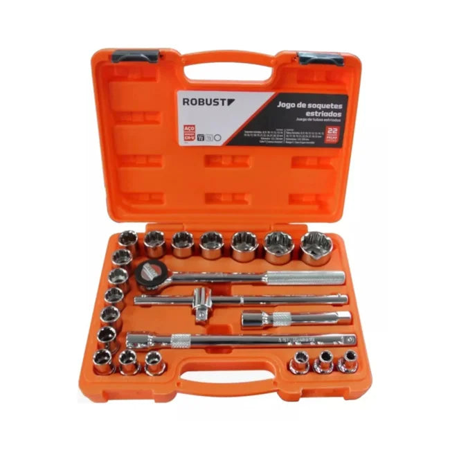 Jogo de Soquete Estriado 1/2" 8mm a 32mm com Catraca Reversível 22 Peças D26-22 AM ROBUST